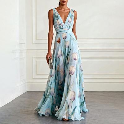 Spring New Women's Clothing, European and American Dresses, Elegant Plant-printed Pendulum Suspender Dress
