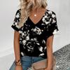 Summer Leisure V-neck T-shirt Women's T-shirt Retro Flower Pattern Print Fashion Print T-shirt Elegant Short Sleeved T-shirt
