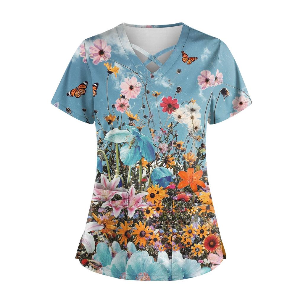 Women's Hawaii Printed Uniform Work Uniform V-Neck Pocket Protective Work Uniform