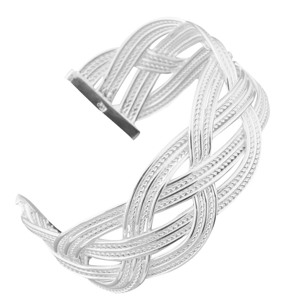 Women Vintage Woven Bracelet Silver Plated Copper Bangle Girls Ethnic Style Wristband Wrist Jewelry