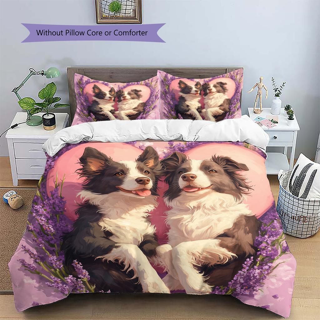 Pink Border Collie Pattern Bedding Home Decoration Birthday Gift (1 * duvet cover + 2 * pillowcase, without core)