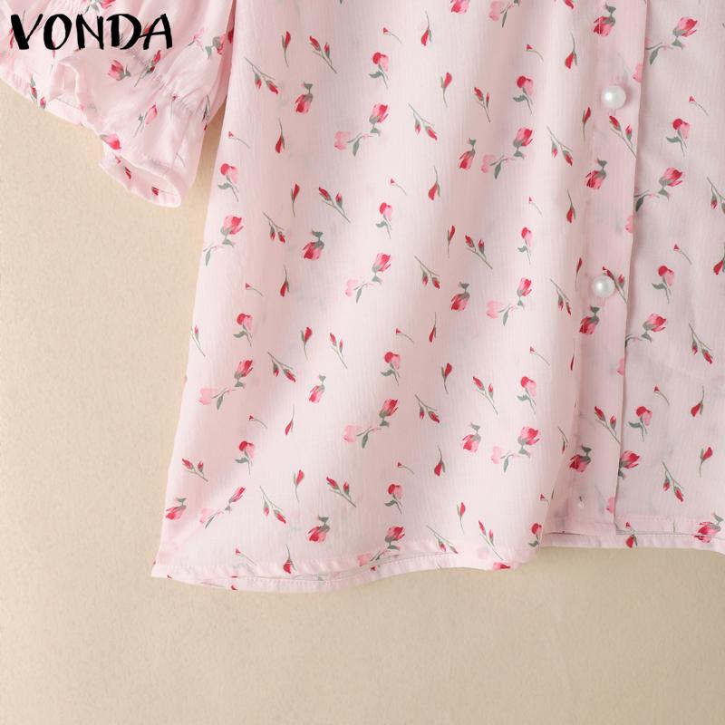 VONDA Damen Sommer Puffärmel Stickerei Saum Blumendruck Lässige Bluse