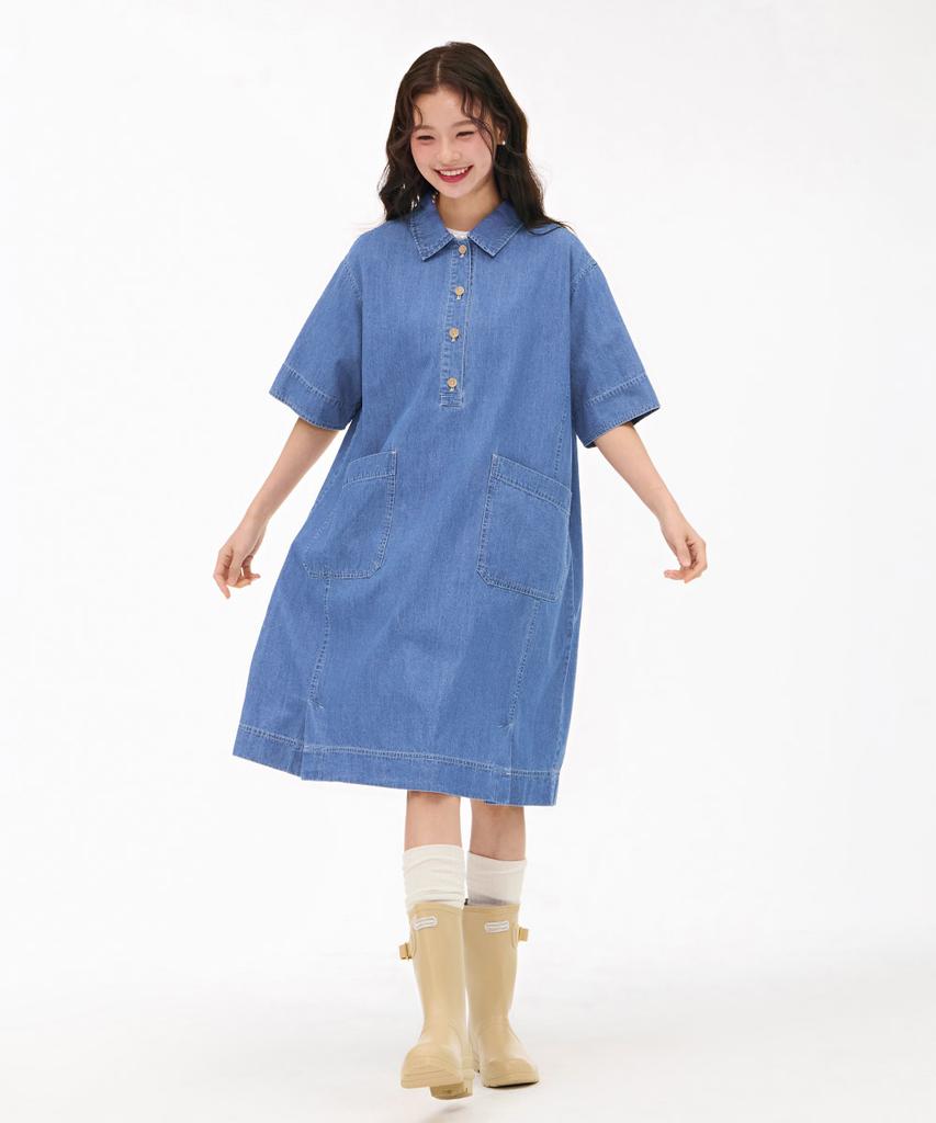 CHASECULT Women'S Denim Shirt Collar Dress - Sky Blue
