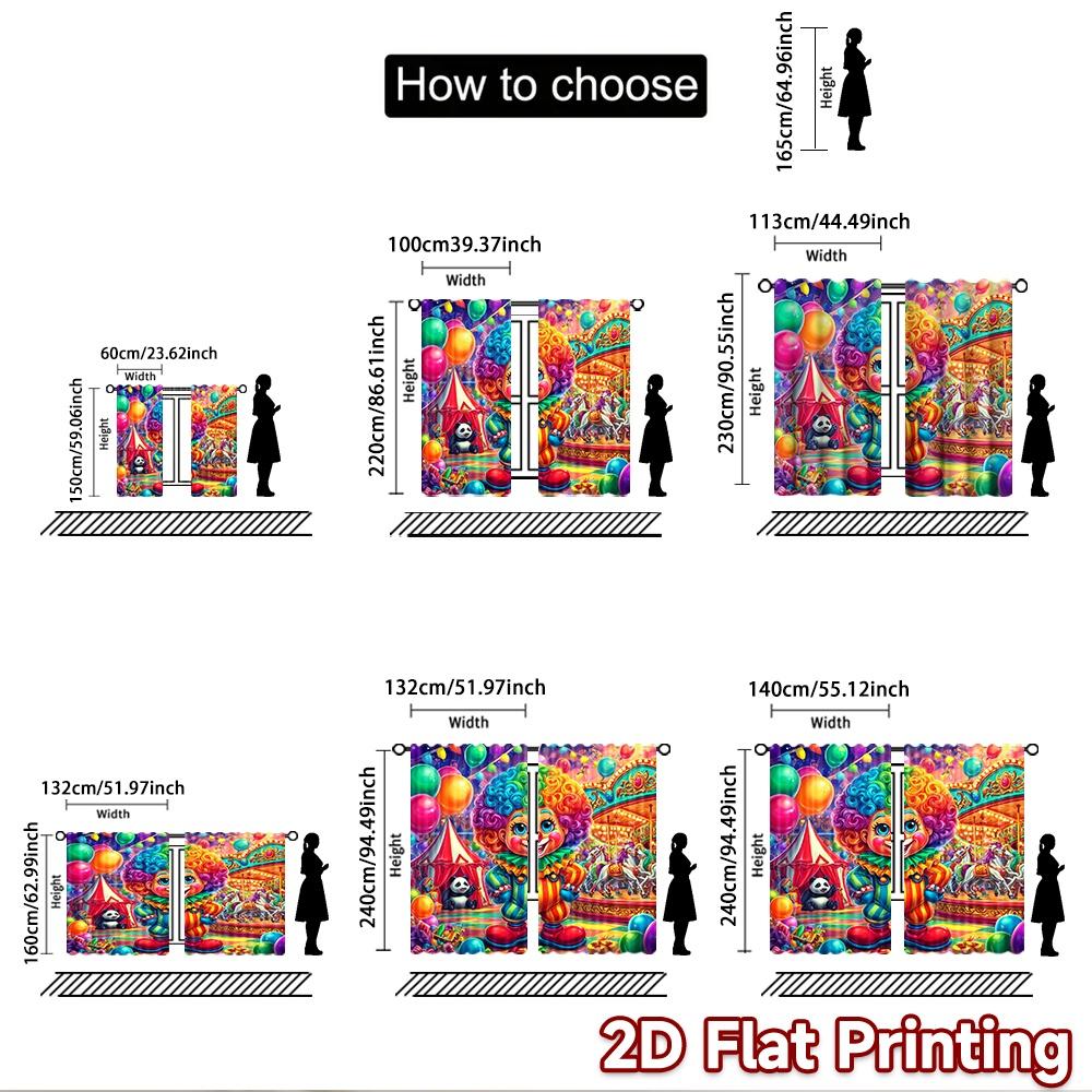 2D Flat Printing 2pcs Window Curtains Clown Circus Carnival Joy Digital Printed Polyester Drapes Festive Curtains for Indoor