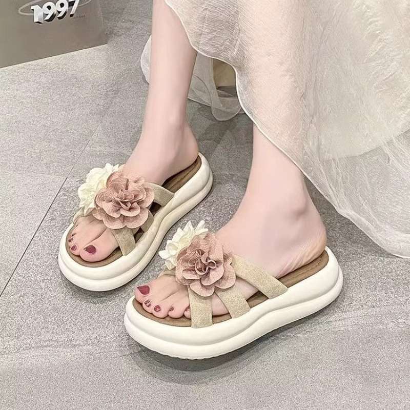 Sweet Flower Cross with Open Toe Slippers Women's Summer Out 2025 New Korean Version of Super Fairy Height-enhancing Cool Slippers