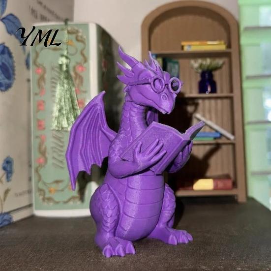 Dragon Statue for Garden Reading Figurine with Glasses, Statue, 3D Printed Bookshelf Decor, Whimsical Desktop Ornament, Gift Book Lovers Fantasy