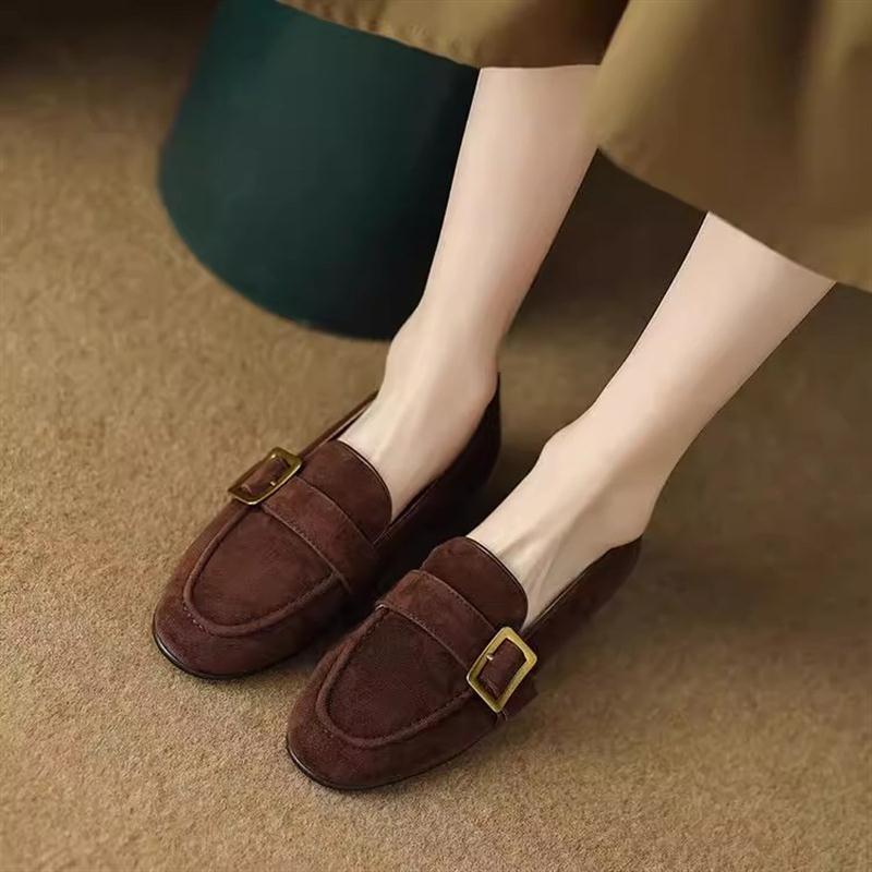 British Style Retro Round Head Flat-soled Loafers 2025 New Belt Buckle Soft Leather Deep Mouth One-pedal Single Shoes