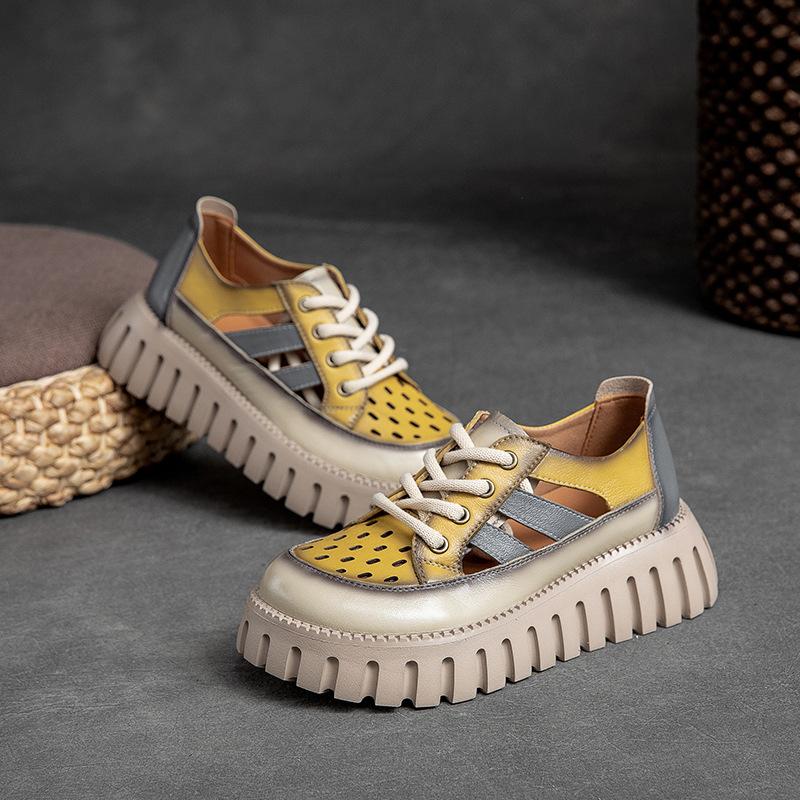 Johnature Thick Sole Mixed Colors Genuine Leather Retro Sandals Roman Style Lace-up Women's Flat Platform Shoes