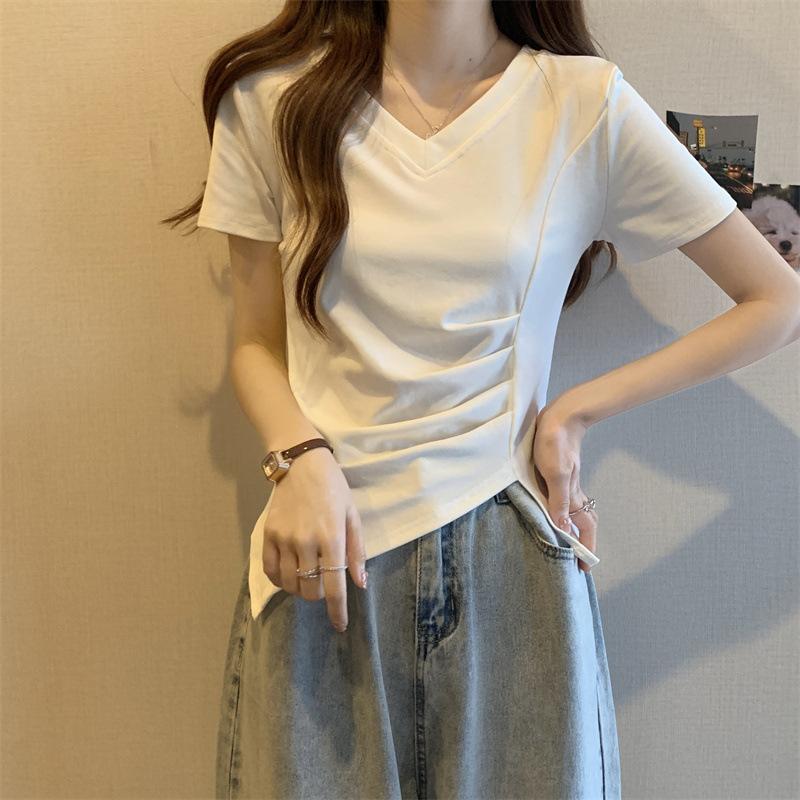New pink v-neck short-sleeved T-shirt women's summer design sense niche folds closed waist split irregular top