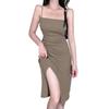 Schwarzes Trägerkleid für Damen, Sommer, Seniorinnen-Stil, klein und dünn, sexy langes Kleid mit geteiltem Saum, mit innenliegendem, figurbetontem Rock.