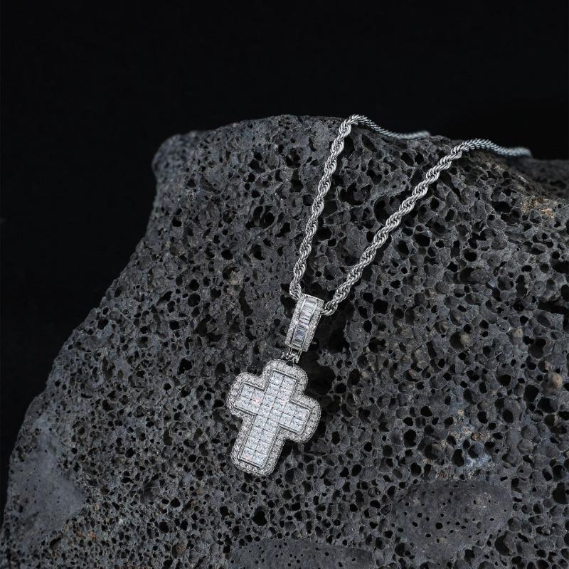 Baguette Cut Iced Out Double Layer Cross Pendant Necklace For Men/Women Gold Plated Stainless Steel Hip Hop Jewelry серебряный
