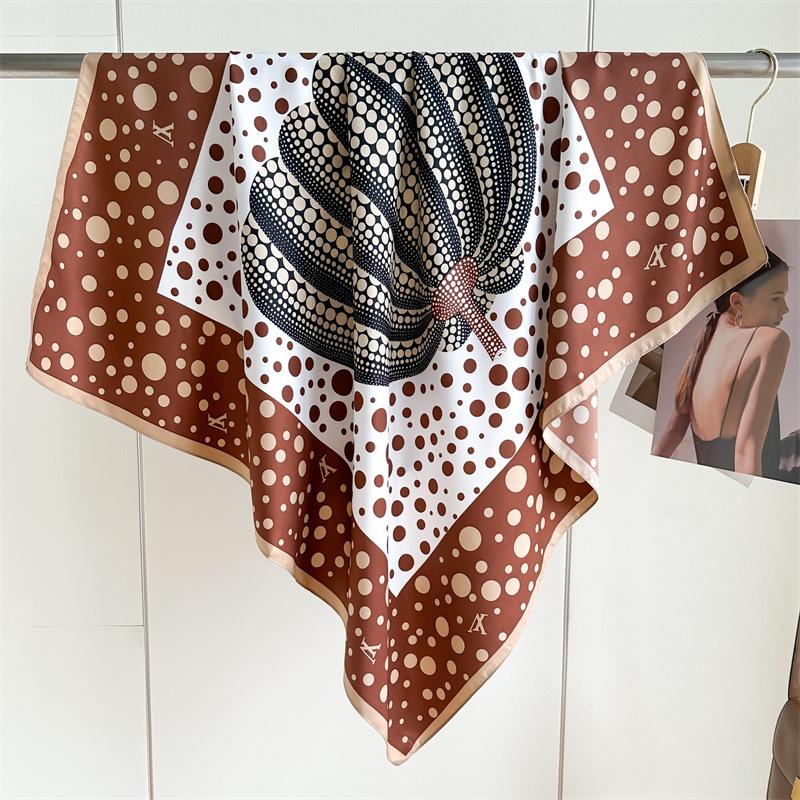 Headscarf Printed Twill Silk Large Square Scarf Small Fragrant Silk Scarf Women'S Anti-Sun Scarf Decorative Scarf Shawl 90Cm