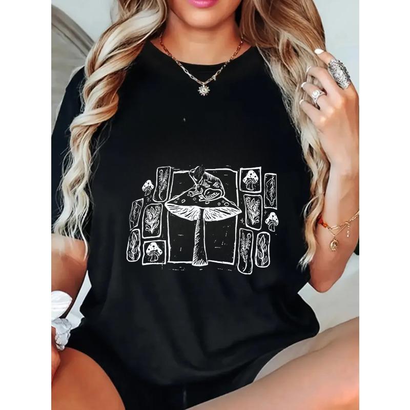 Oversized T Shirt Black Mushroom Art Print And Botanical Sketches Casual Streetwear For Women
