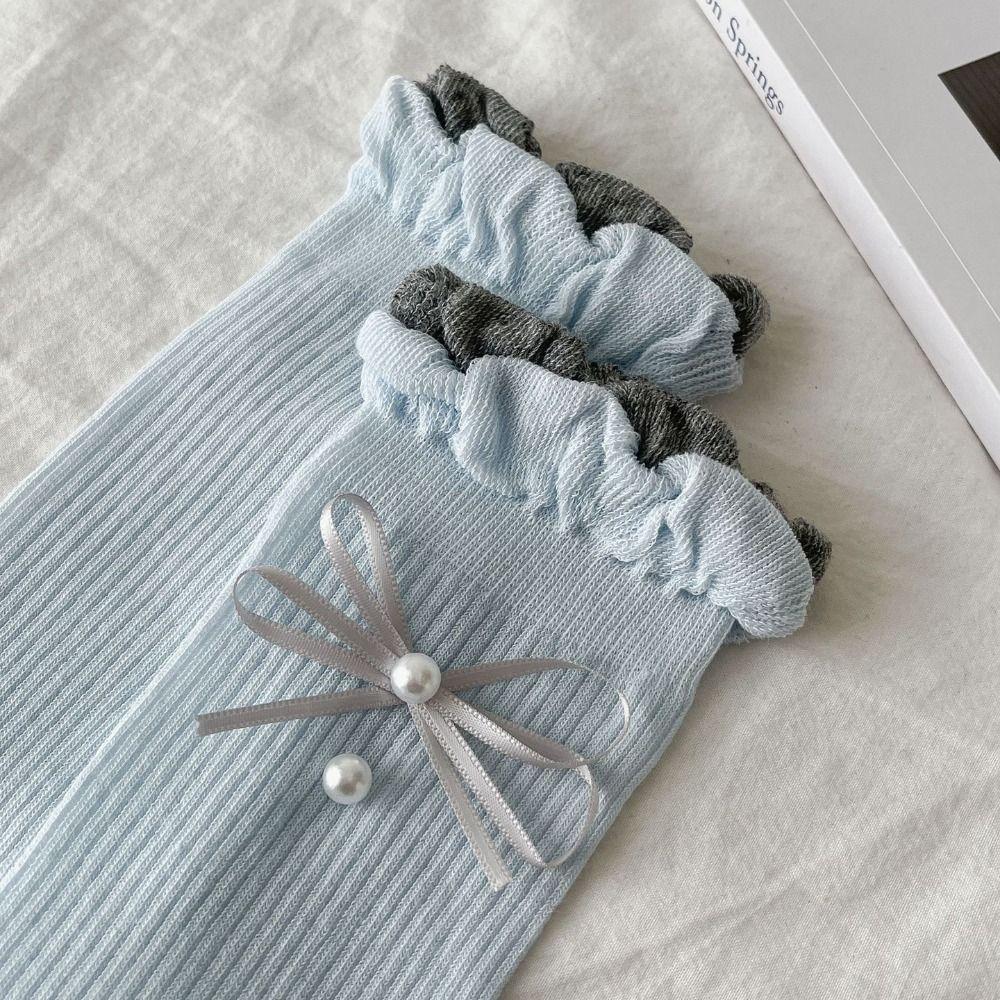 5Pairs Ins Style Bowknot Pearl Socks Thin Sweet Socks Women Soft Mid Tube Socks  Lady