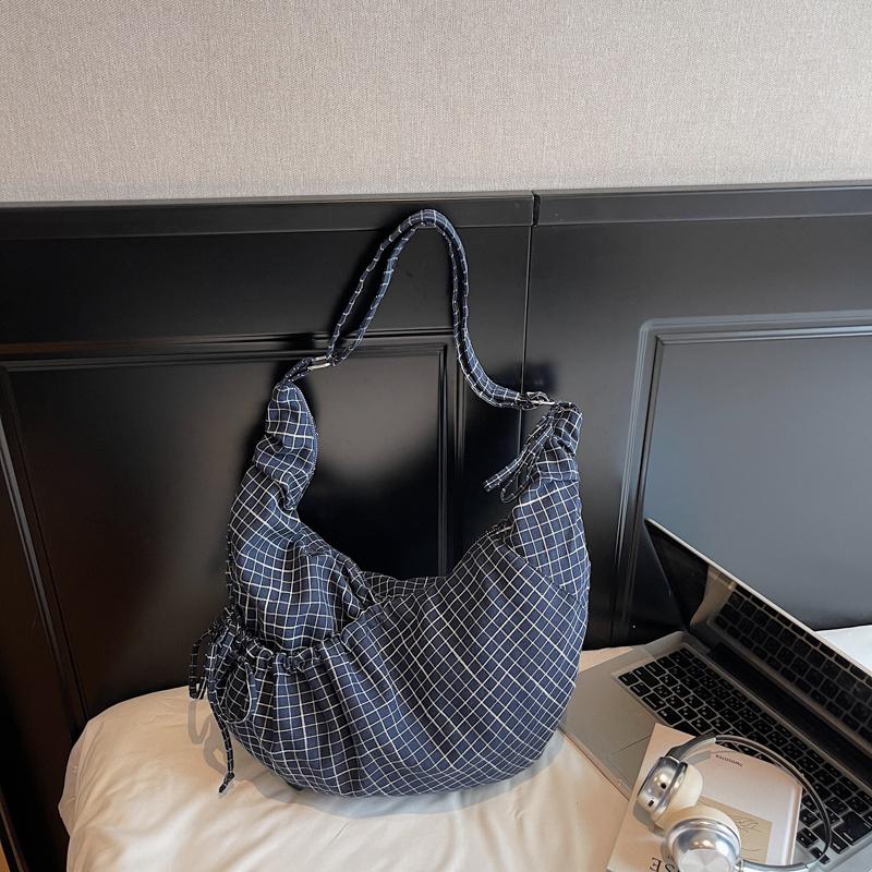 Women's Large Capacity Crossbody Bag Canvas Pleated Plaid Nylon Bag Commuter Shoulder Bag
