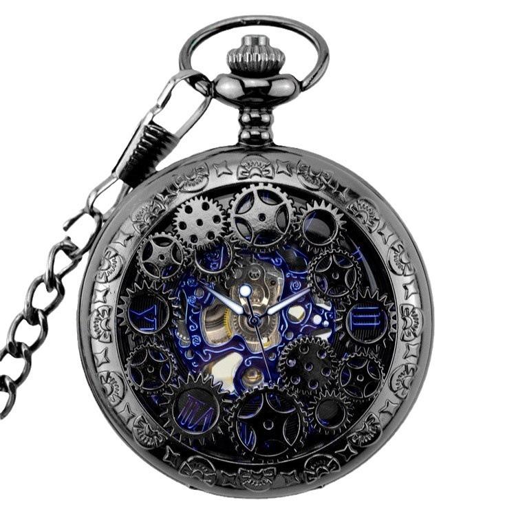 Relógio de Bolso Mecânico Preto Engrenagem Retro Flip Cavado Colar Relógios Masculinos e Femininos Relógios Clássicos