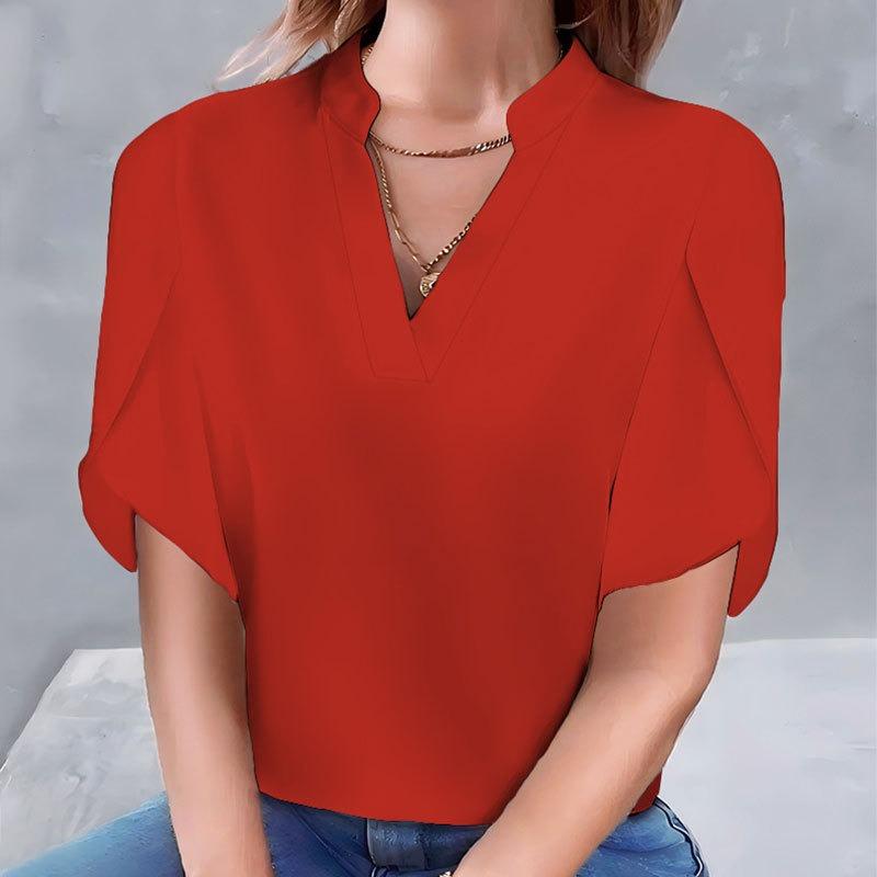 GMXIA Kadın Modası Günlük Düz Renk Desen Kısa Kollu V Yaka Bluzlar ve Gömlekler