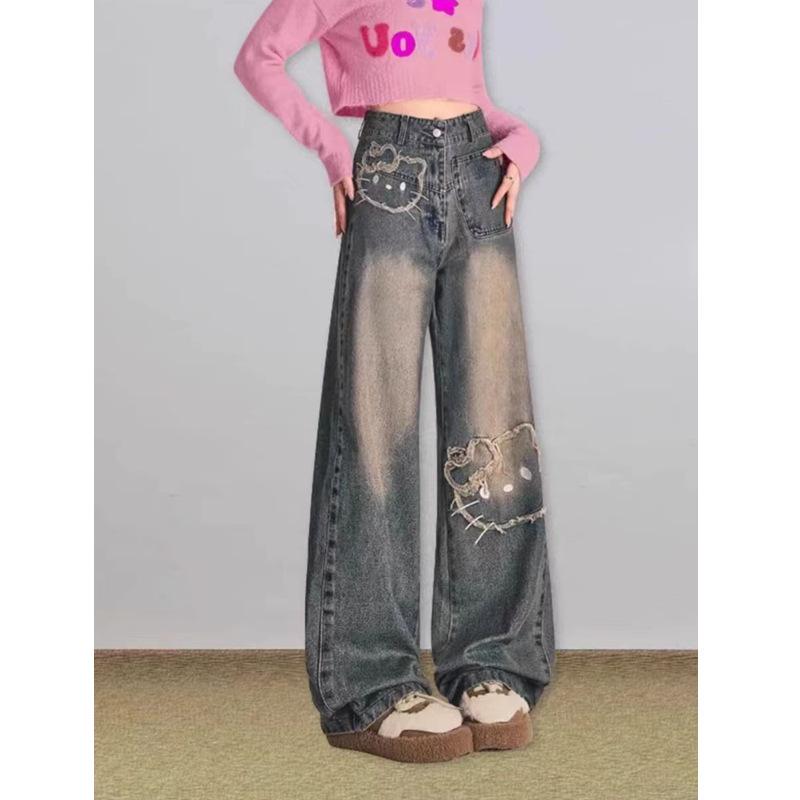 Women's High Waist Wide Leg Jeans Loose Fit Casual Kitty Embroidery Straight Leg Jeans