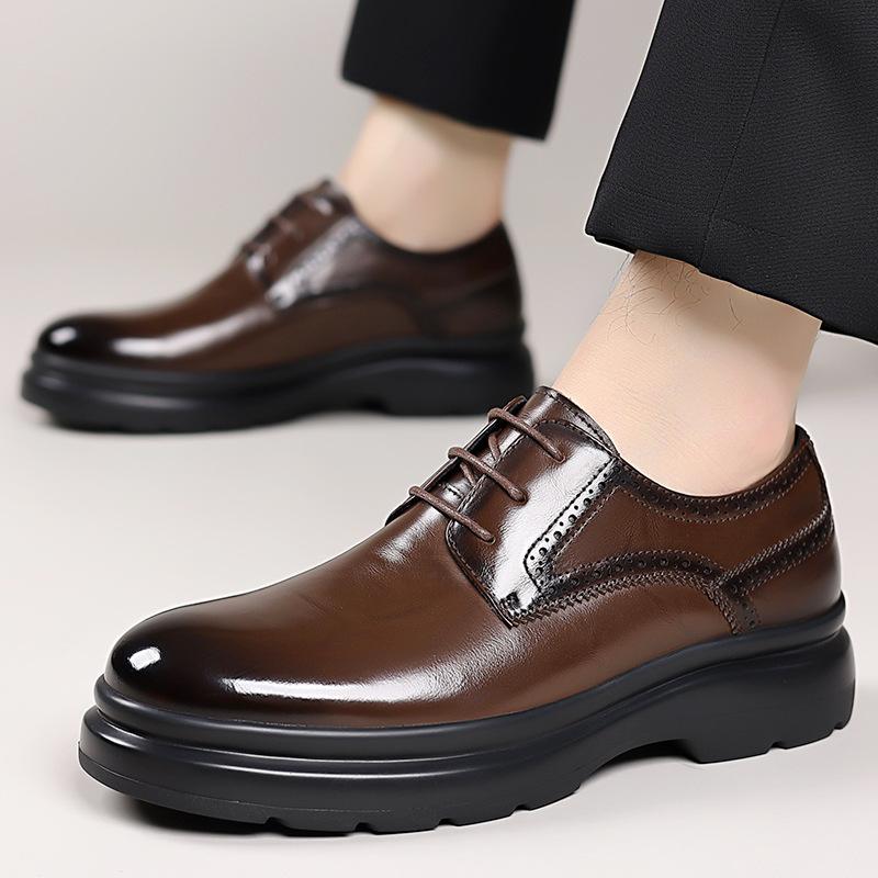 Autumn Winter Lace Platform Shoes for Men Solid Color Fashion Casual Dress Shoes Male High Quality Cow Leather Loafers Man
