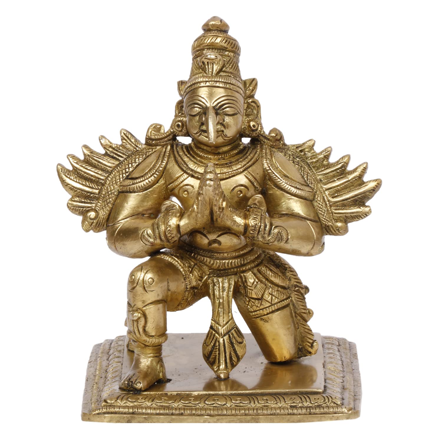 Original Brass Garuda Idol, Vishnu Vehicle Eagle Statue, Golden, Brown - 5 Inch