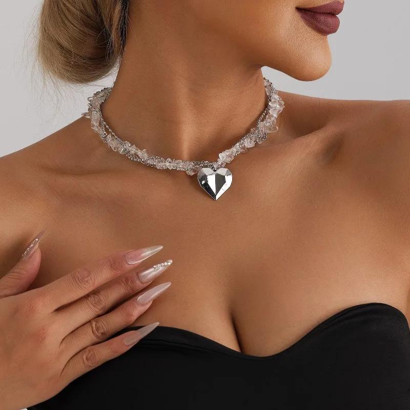Fashion Boho Crystal Class Gravel Clavicle Chain New Y2K Heart Beaded Necklace Women Cool Choker Exquisite