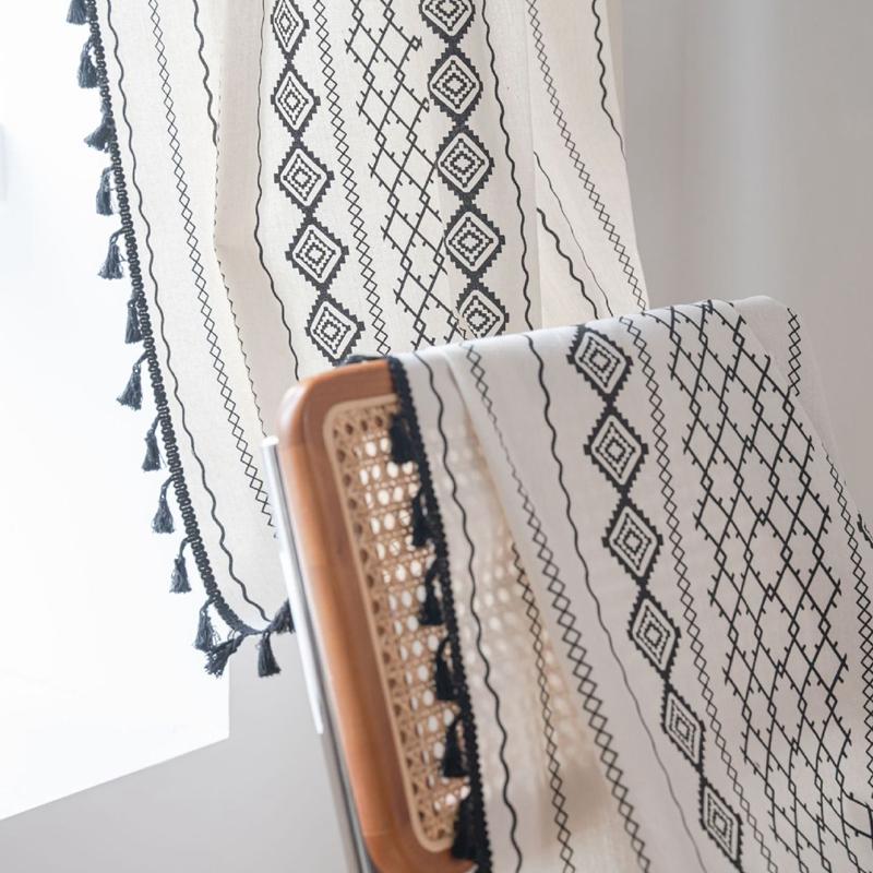 

Curtains for Living Room Finished Cotton Linen Kitchen Curtains Bohemian Style Black and White Print Bay Window Valance W150 x H160cm&Threading Rod