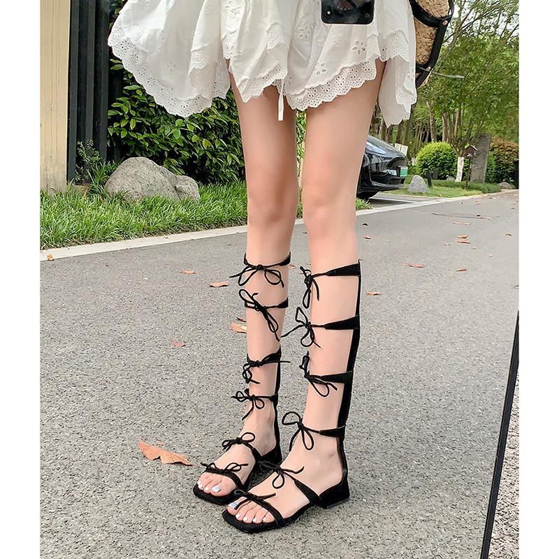 [Spot] Summer New Holiday Style Bow Cross Strap Cool Boots Women's High Open-toed Roman Sandals