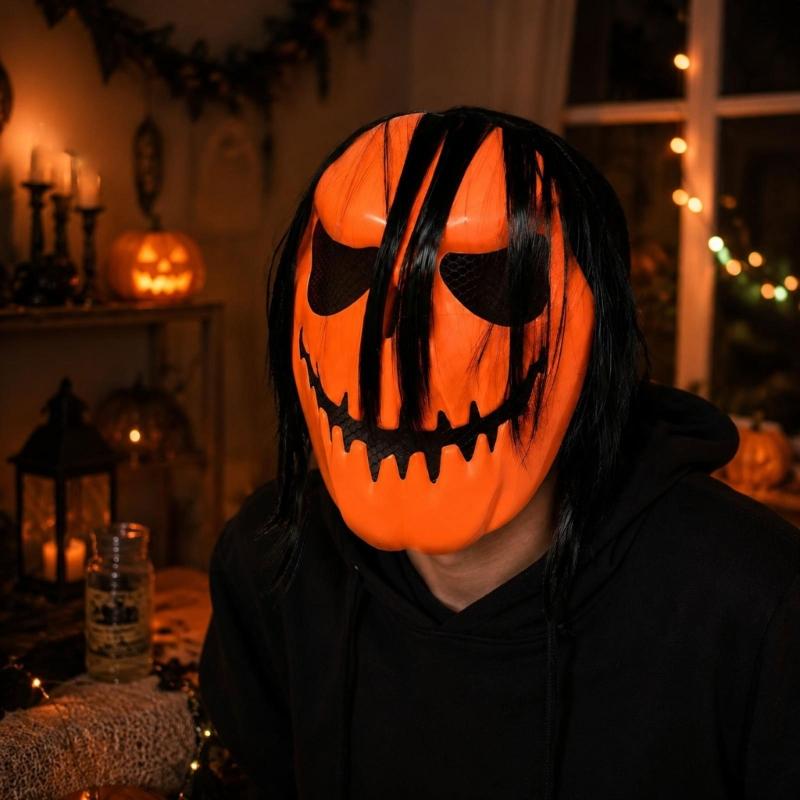 Pull-On Pumpkin Costume Mask with Elastic Strap, Lightweight Molded Shell and Long Black Hair for Halloween Character Costume Play
