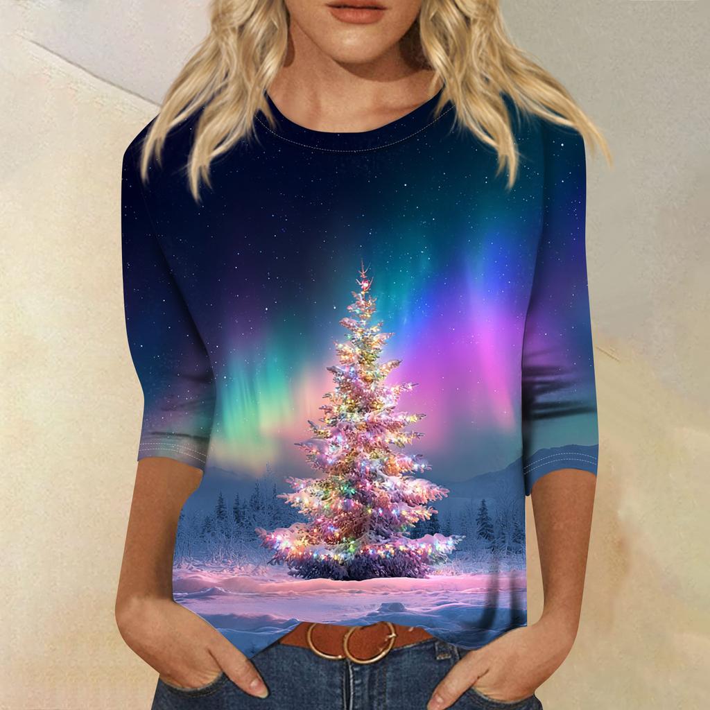 Women's Fashion Casual Round Neck 3/4 Sleeve Loose Printed T-Shirt Ladies Top