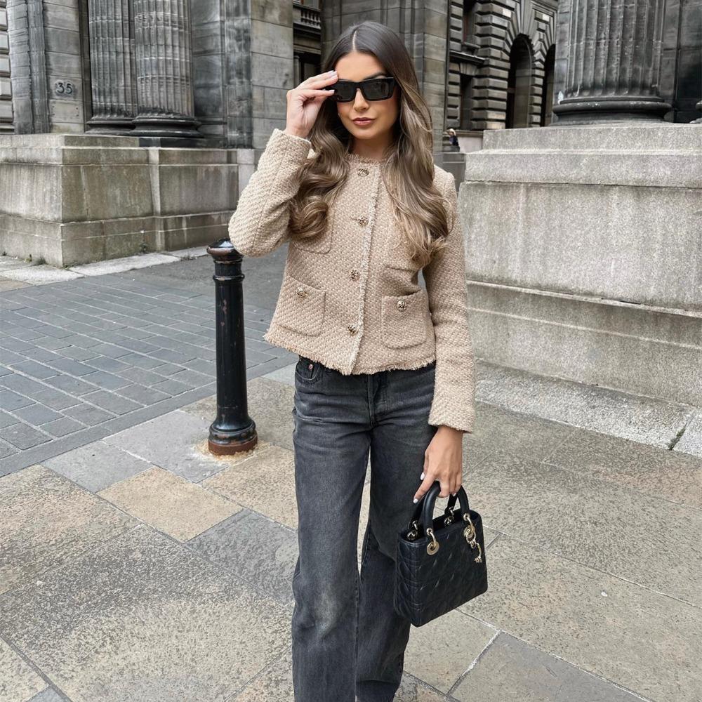 Chic Female Tweed Basic Jacket Coat Women Clothing Woolen Outerwear Long Sleeve Front Button Female Outerwear Chic Tops