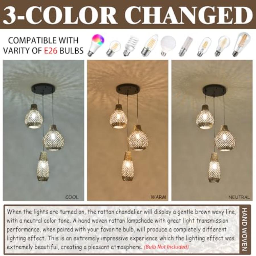 3-Lights Rattan Pendant Light Fixture Boho Hand Woven Wicker Seagrass Farmhouse Ceiling Hanging Lighting in Natural Color for K