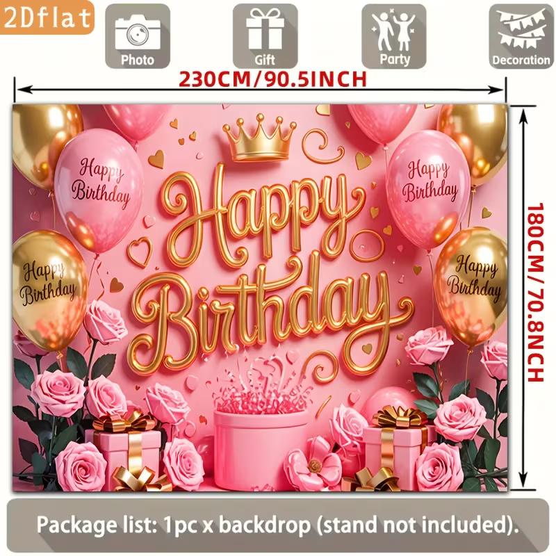 2D Sweet Pink Gold Birthday Backdrop Banner Princess Themed Happy Birthday Party Decor Background