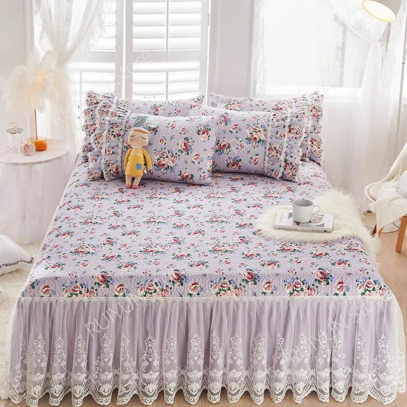 Flower Decorative Princess Lace Bed Skirt 100% Cotton-padded Thicken Bed Skirt Home Non-slip Mattress Cover Protector Bed Cover