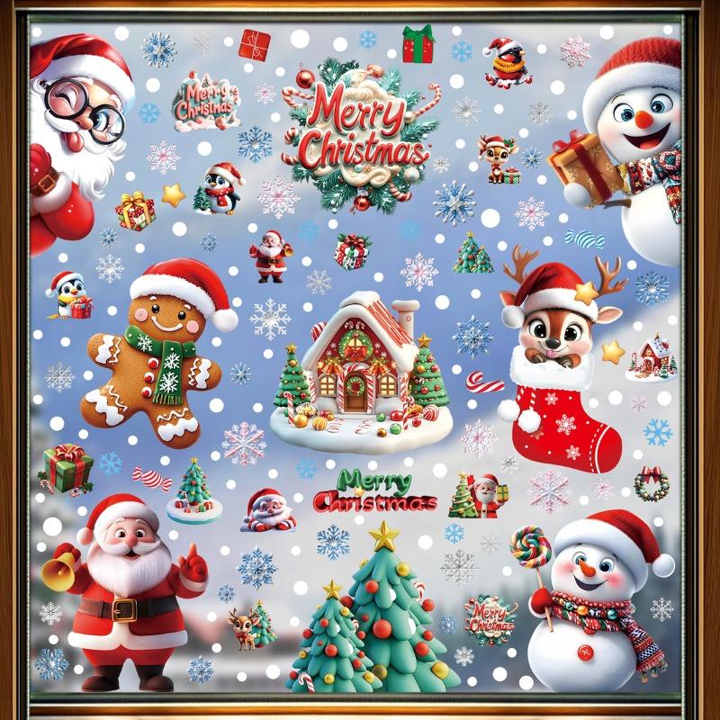 Christmas Glass Stickers Gingerbread Man Snowman Snowflake Decorative Stickers Christmas Party Decoration Santa Claus Electrostatic Stickers
