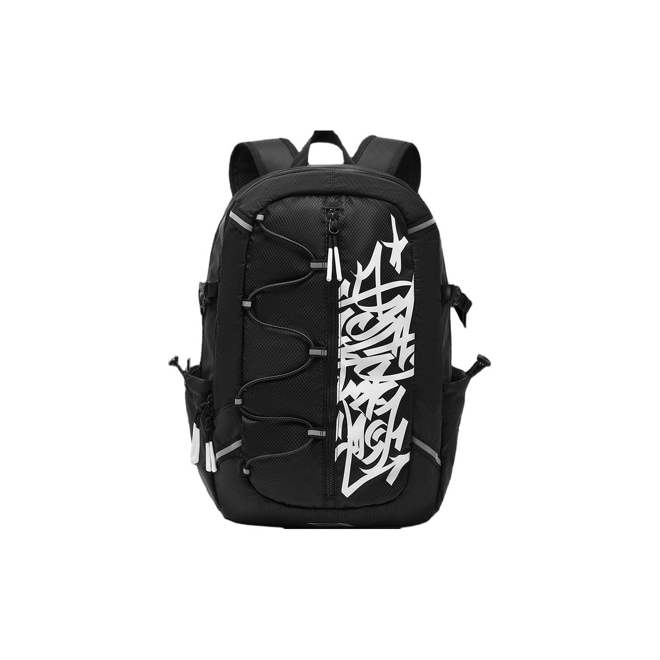 Li Ning Skateboard Series Printed Zipper Closure Nylon Backpack Unisex Backpack Black ABSU059-1 New Standard Black