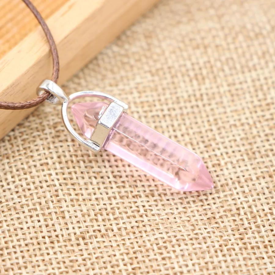 Natural Stone Pendant Necklace Women PU Leather Hexagonal Column Pointed Reiki Chakra Lapis Chunky Jewelry