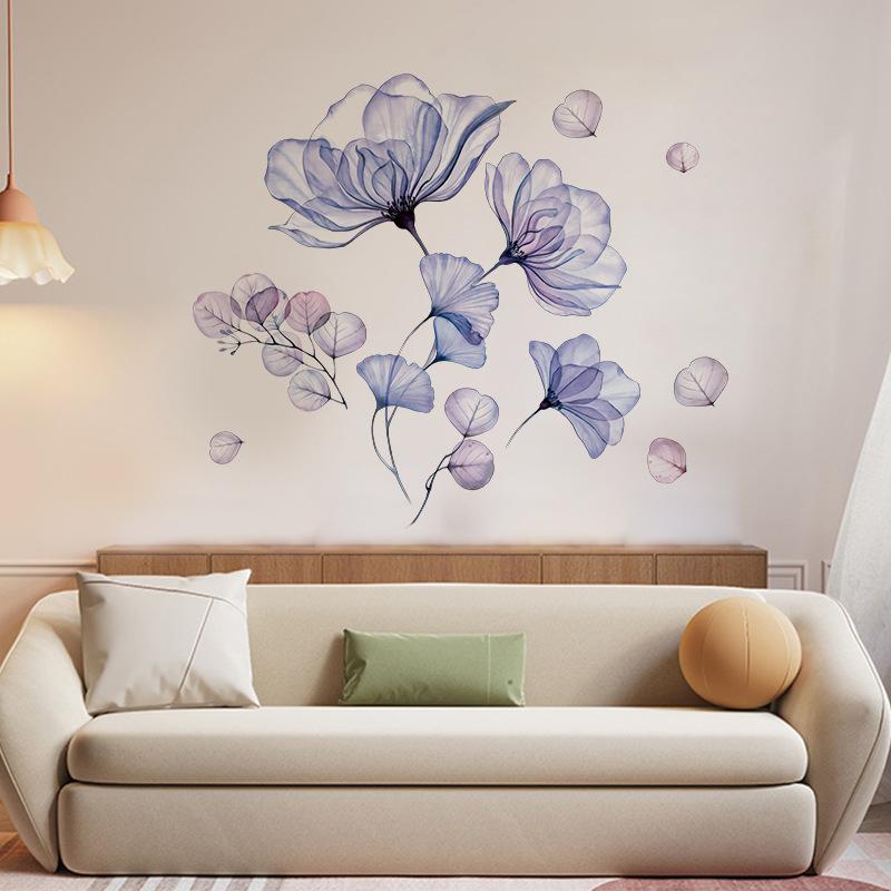 Blue Purple Flower Wall Stickers Self-Adhesive Removable Vinyl Decals for Living Room Bedroom Kitchen Decor