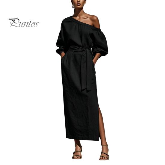 Summer Maxi Dress Women One Shoulder Long Dress, Solid Color Tie Waist Side Split Casual Party Sleeve for Dresses