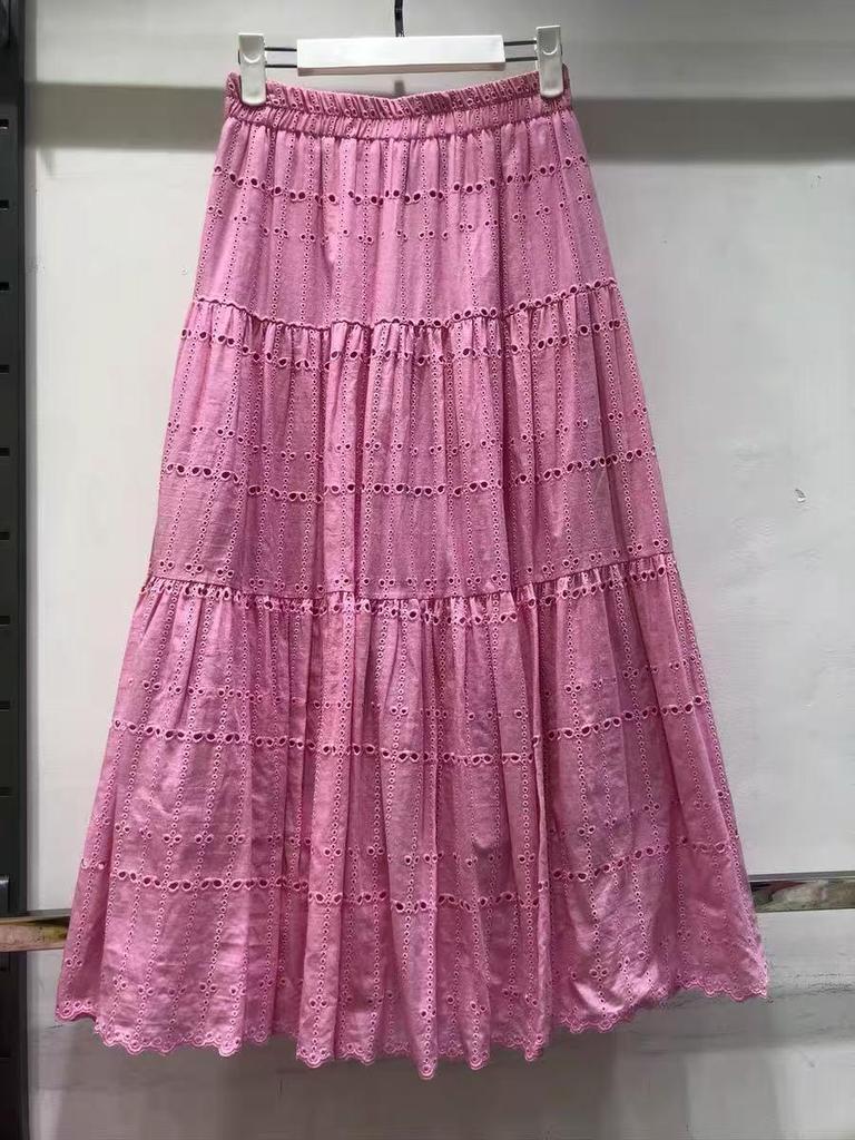 Autumn French Chic Cotton Embroidered Lace Midi Skirt with Flare Umbrella Style