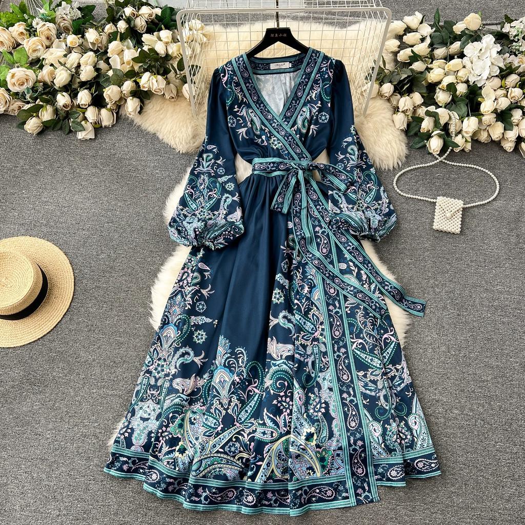 Robe Longue Wrap Imprimé Cachemire à Col en V et Manches Longues pour Femme Taille Moyenne Ceinture à Nouer Robe Longue Élégante Coupe A