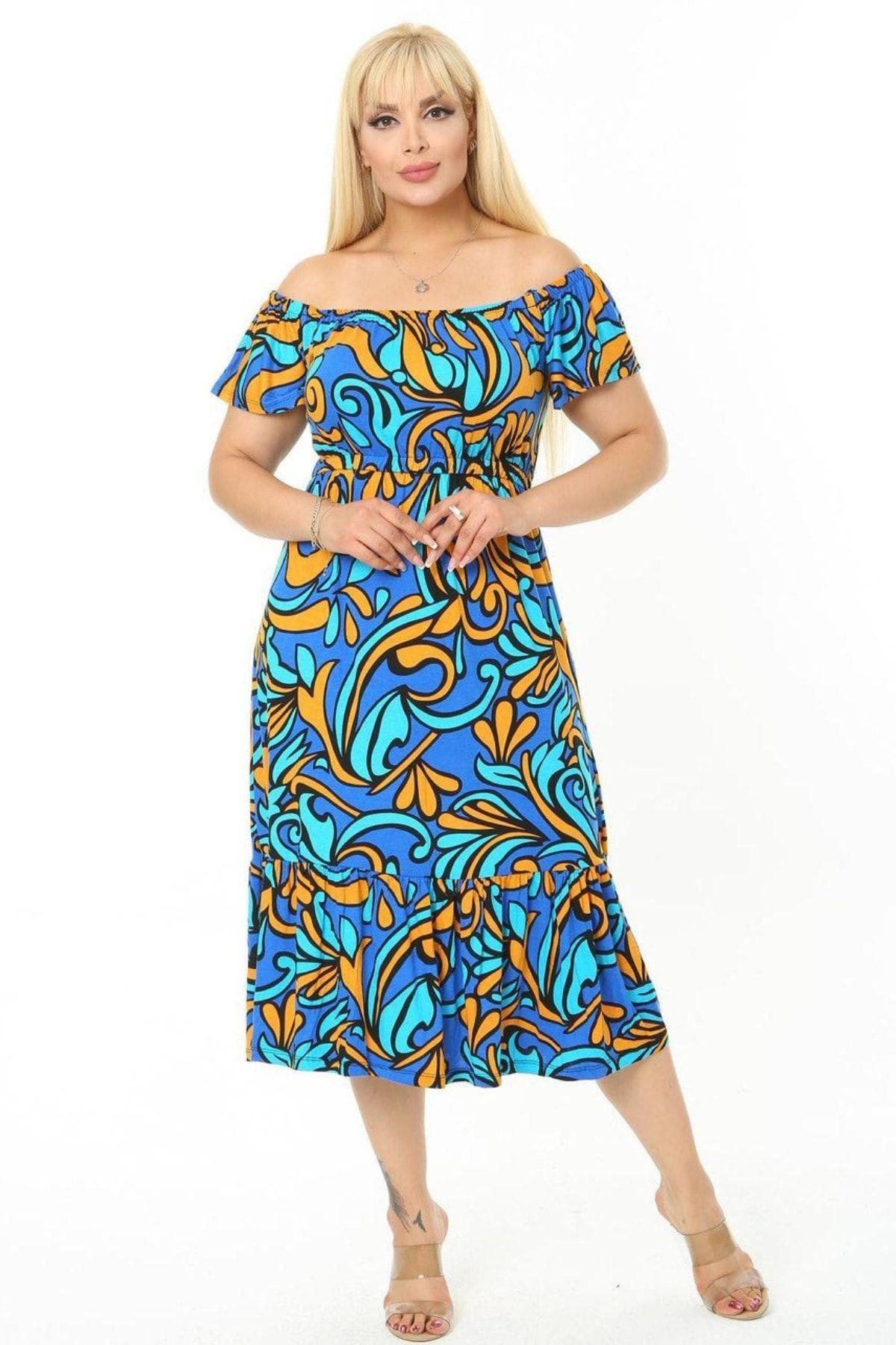 

Women s Big Size Dress Madonna Collar Strap Turquoise Jungle Pattern Dress