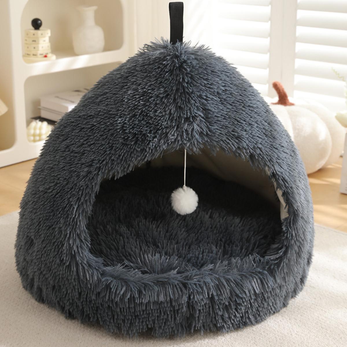 

BSemi-enclosed Cat House with Ball Toy Portable Dog Bed For Small Dog Anti-slip Sleeping Cat Bed Plush Dog House Cat Accessories S-45x38cm темно-сірий