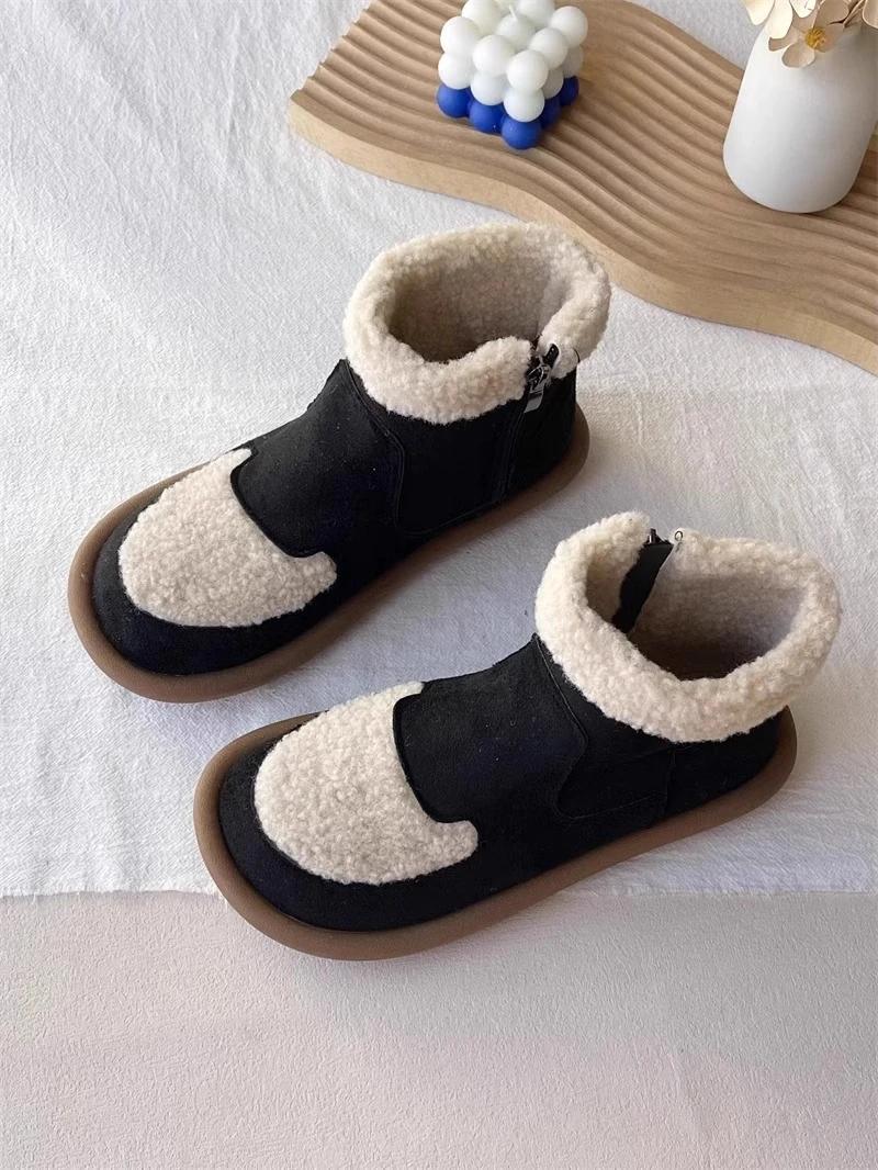 

Новые модные замшевые кожаные ботильоны для женщин, хлопковая обувь, повседневные короткие плюшевые теплые плоские ботинки для ходьбы по снегу, Zapatos Para Mujeres 35 чёрный