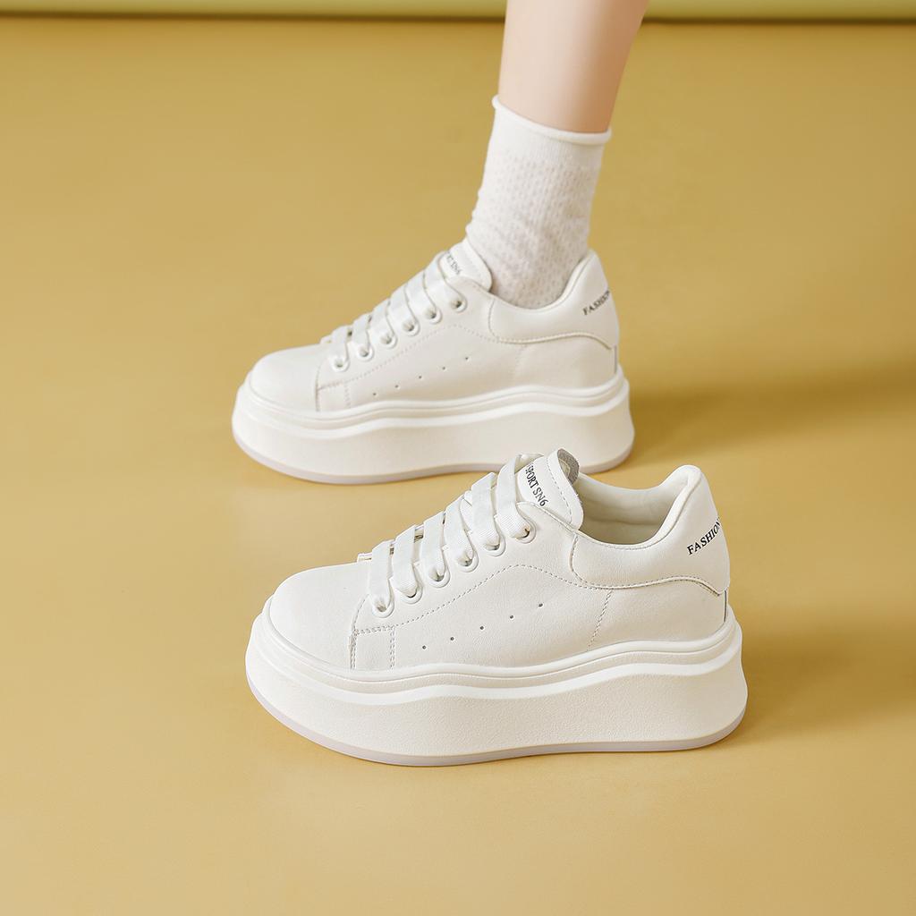 Thick-soled Inner Height-increasing Board Shoes Women's Spring New Leather Wavy-soled White Shoes Muffin Sports and Leisure Shoes