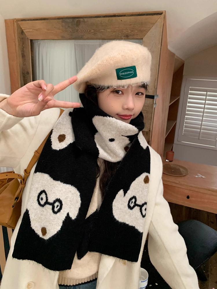 Blended Cute Cartoon Knitted Puppy Scarf Women's Autumn and Winter Thickened Warm Fashion Long Cold Scarf