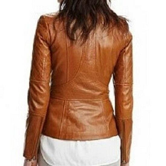 Noora Women's Tan Lambskin Leather Jacket, Quilted Design Motor Biker Leather Jacket, Western Style Leather Jacket