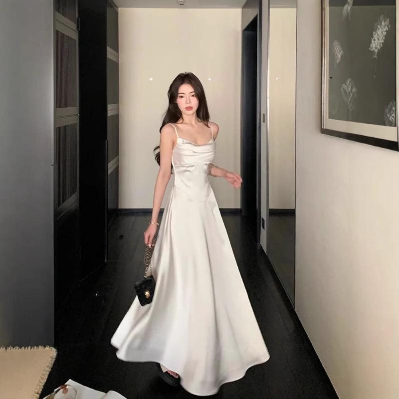 Wind Pleated Design Suspender Dress Women's Summer New Pure Wind Waist Thin a Word Long Dress
