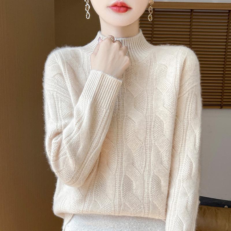 

2025 Autumn/Winter Slimming Vintage Cashmere Cable Knit Sweater with Semi-High Neck Medium бежевый
