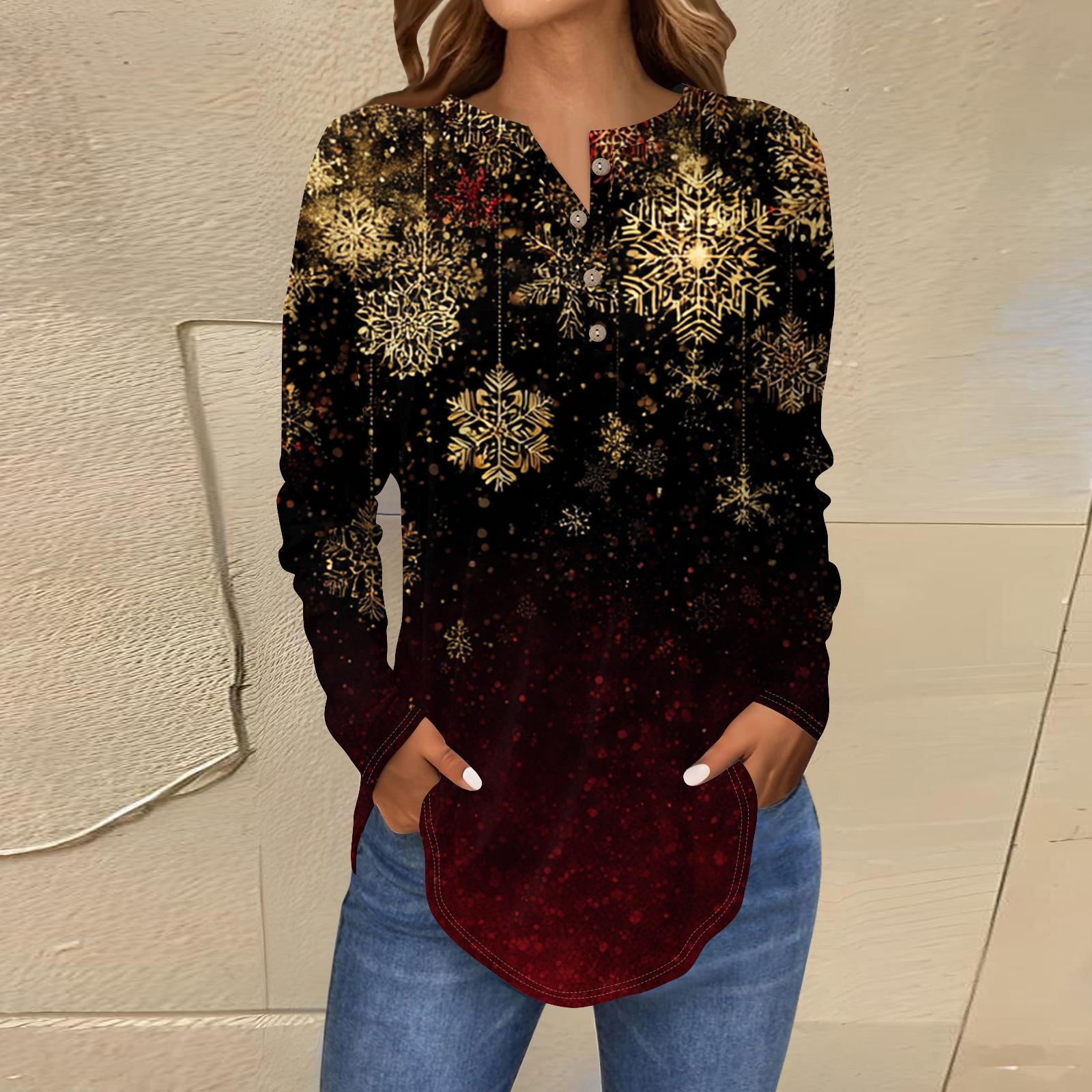 

Женская модная блузка свободного кроя с пуговицами и воротником на пуговицах, с рождественским принтом и длинными рукавами XL винный