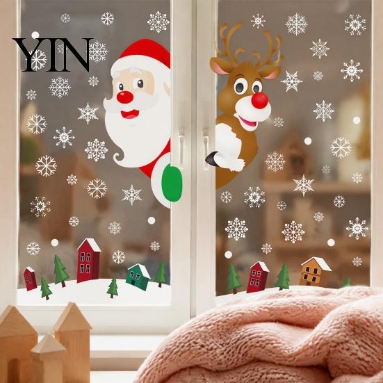 Christmas Window Decals 4Pcs Santa Claus & Reindeer Static Clings with Snowflake, PVC Removable Decals, Cling Snowflakes Reusable Glass Stickers